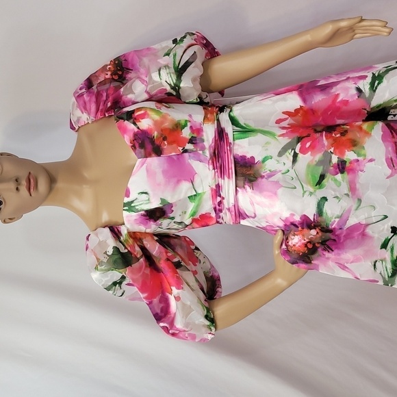 theia Oeganza Multi Floral Print Tea Leght Cocktail Dress - Picture 15 of 17